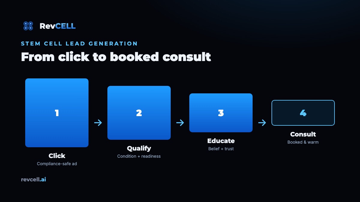 Lead generation funnel for stem cell therapy clinics: click, qualify, educate, booked consultation